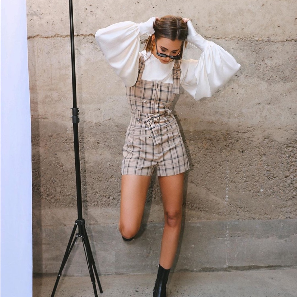 WeWoreWhat Moto Tan Plaid Romper/Overalls